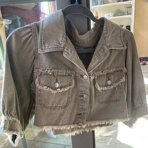 POL Brown Cropped Jean Jacket with Distressed Hem EUC
